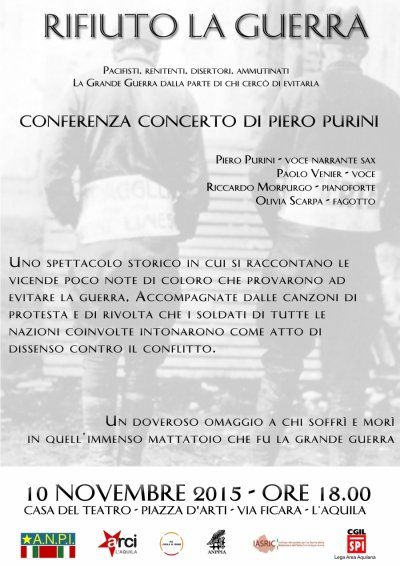 L&#039;Aquila 10 novembre 2015 &quot;Rifiuto la guerra&quot; conferenza concerto di Piero Purini