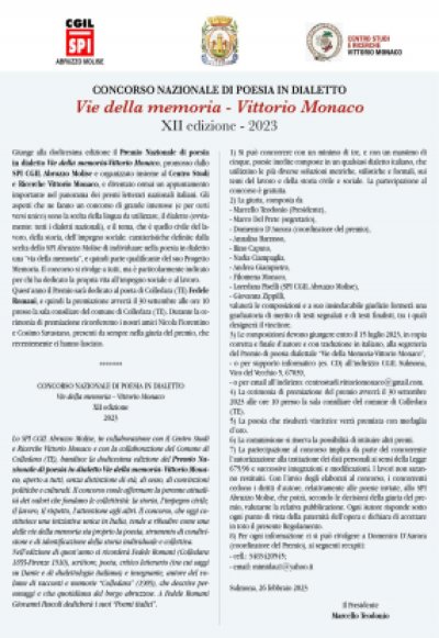Si avvia la selezione per la XII Edizione del Premio VIE DELLA MEMORIA – VITTORIO MONACO