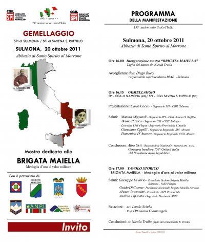 20 ottobre 2011 Gemellaggio Lega Spi Sulmona con la Lega Spi Savena (BO)