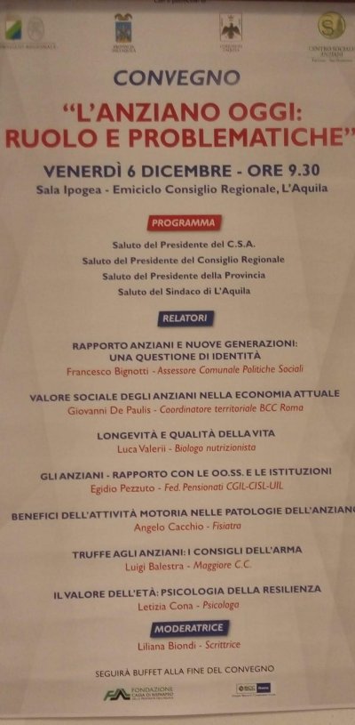 L'Aquila 6 dicembre 2019. Intervento al convegno L’anziano oggi: ruolo e problematiche